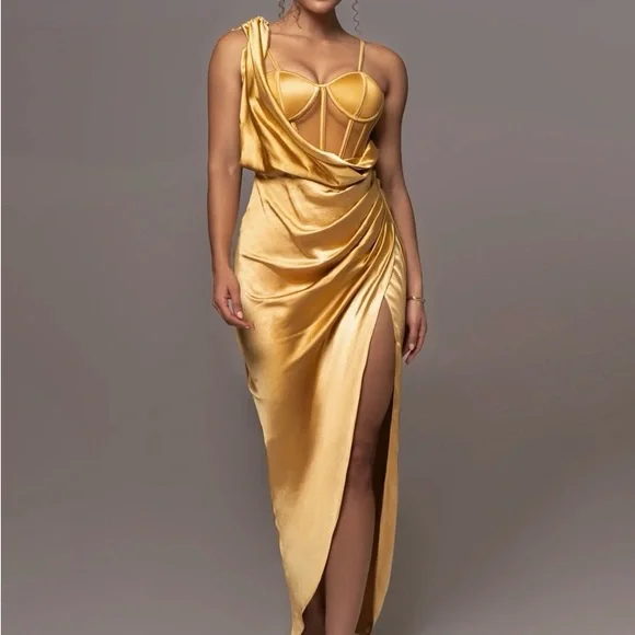 green emerald velvet dress Gold Celestina Draped Maxi Dress